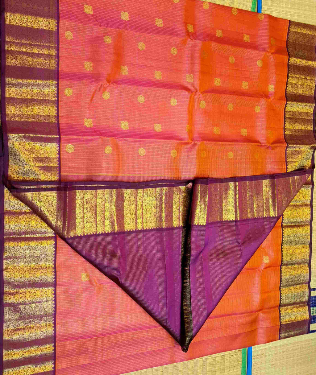 Orange Red Kanchipuram Handloom 2G Pure Gold Vairaoosi Silk Saree