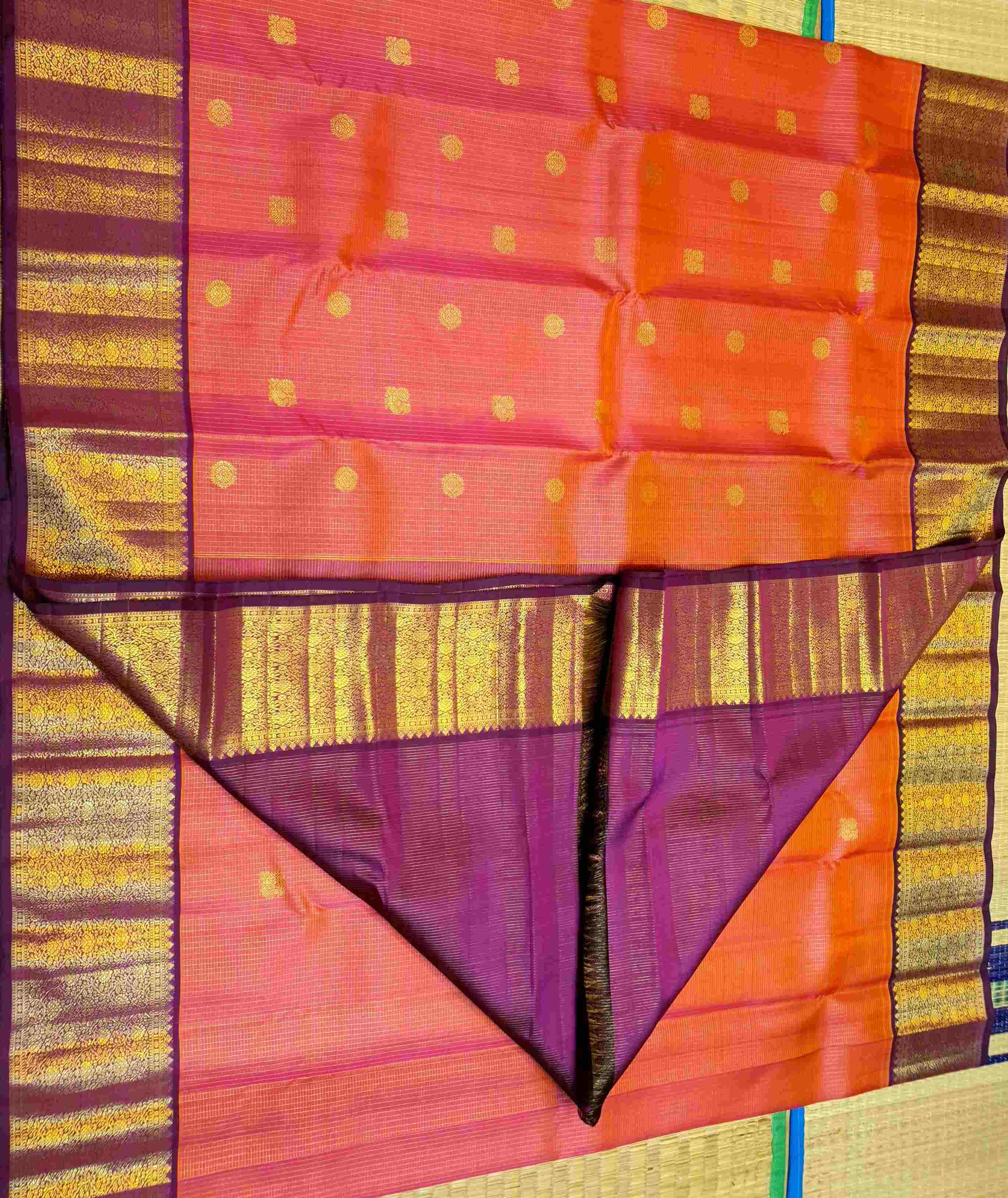 Orange Red Kanchipuram Handloom 2G Pure Gold Vairaoosi Silk Saree