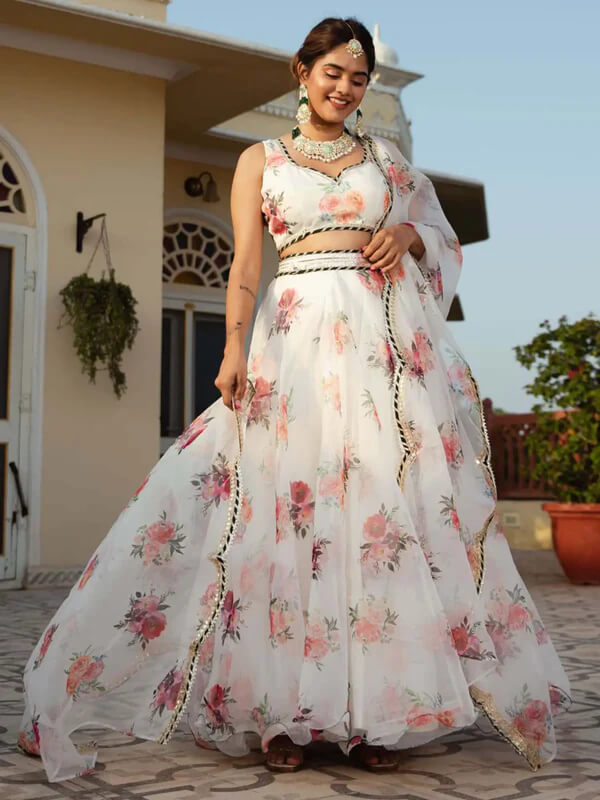 White Organza Lehenga with Floral Print & Embroidery
