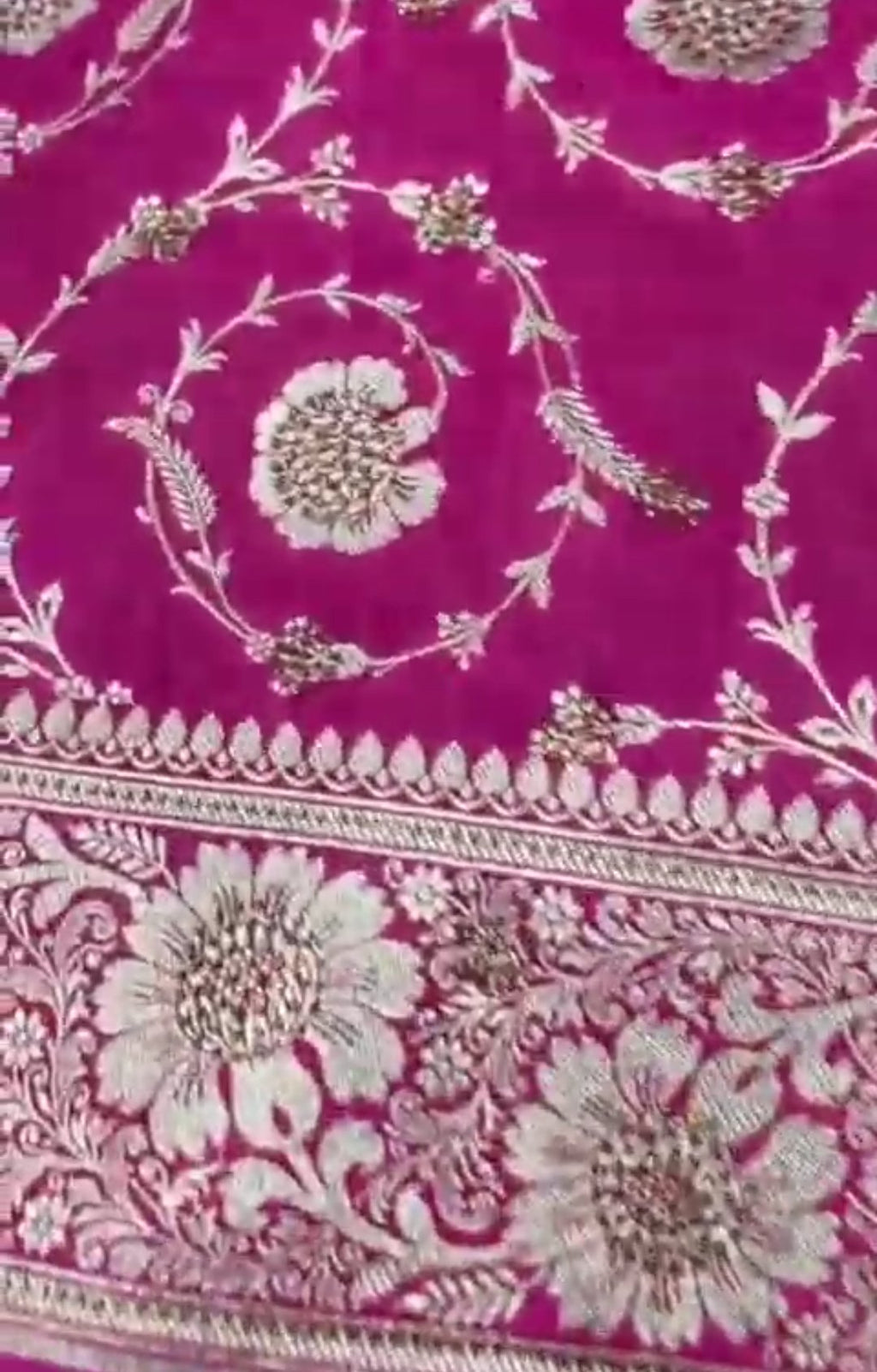 Hot Pink Banarasi Satin Katan Silk Swarovski Jangla Saree