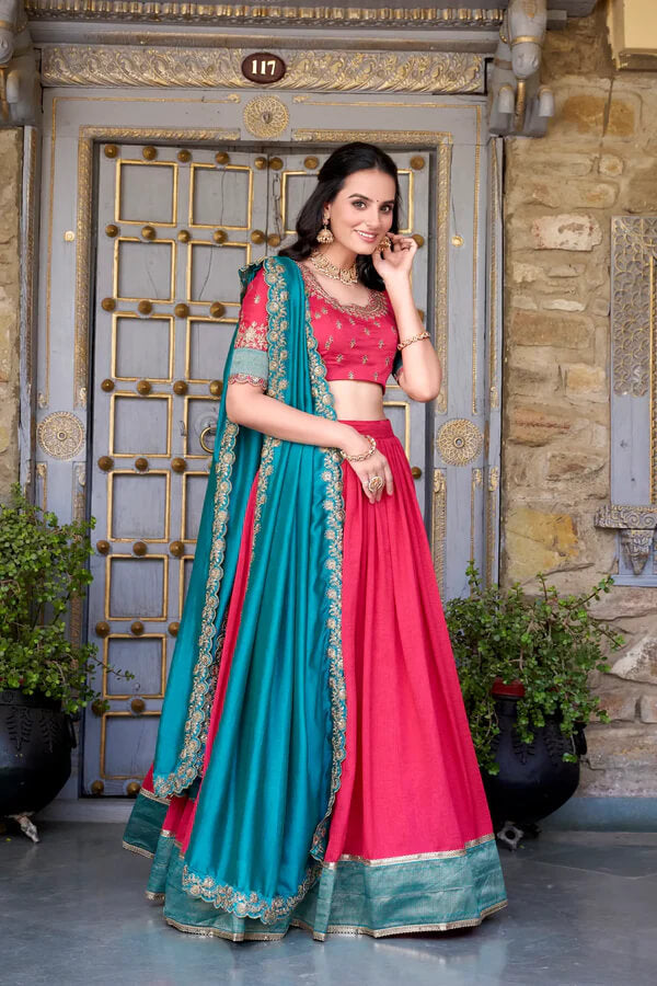 Elegant Dark Pink Paithani Silk Lehenga Choli with Zari & Lace