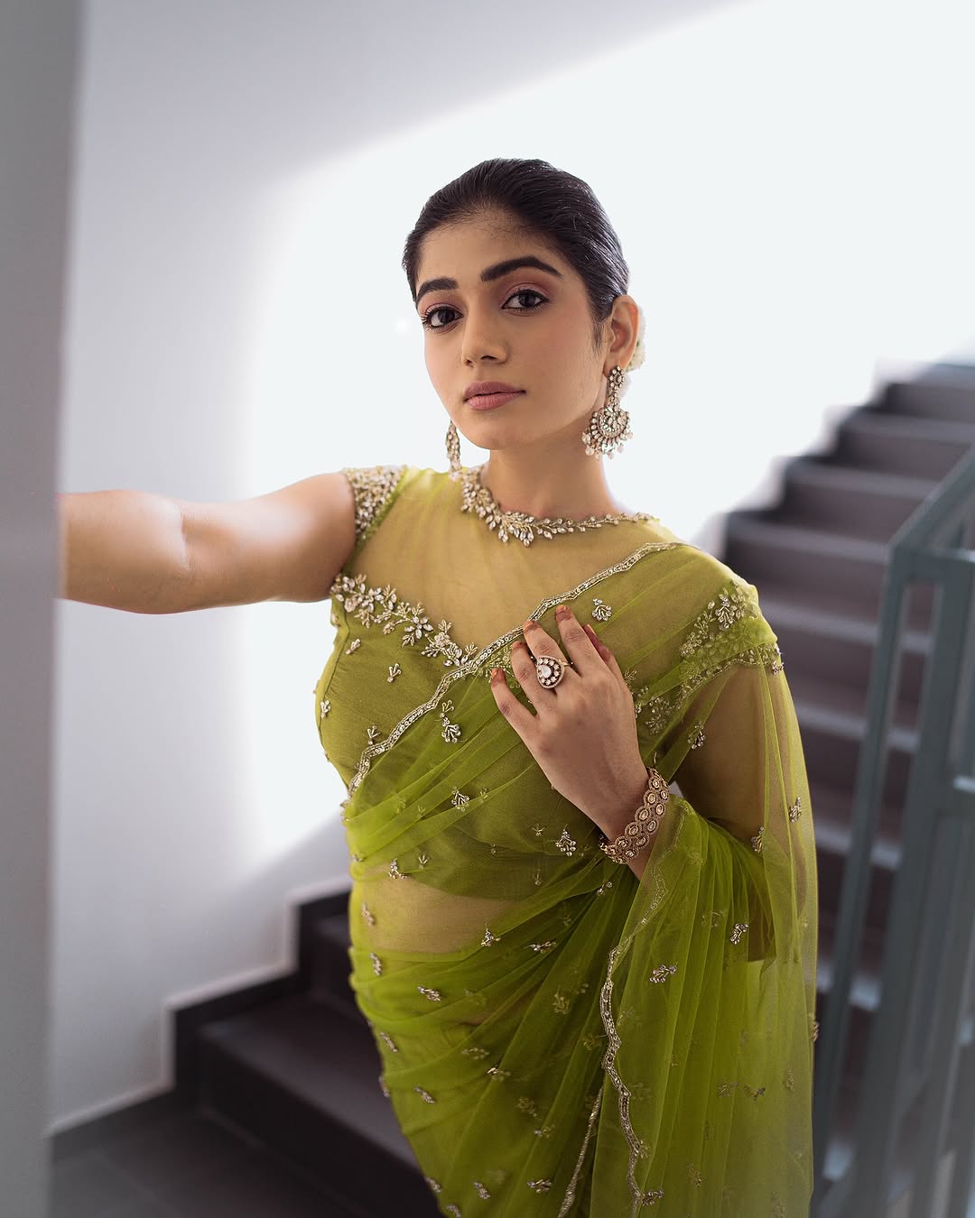 Lime Green Hand Embroidered Soft Net Saree