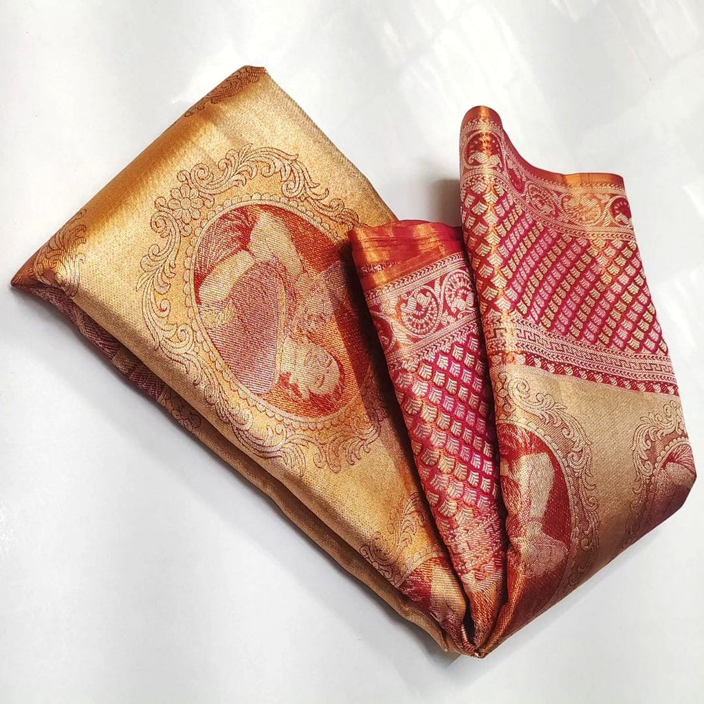 Coral Kanchipuram Handloom Tissue Brocade Silk Saree