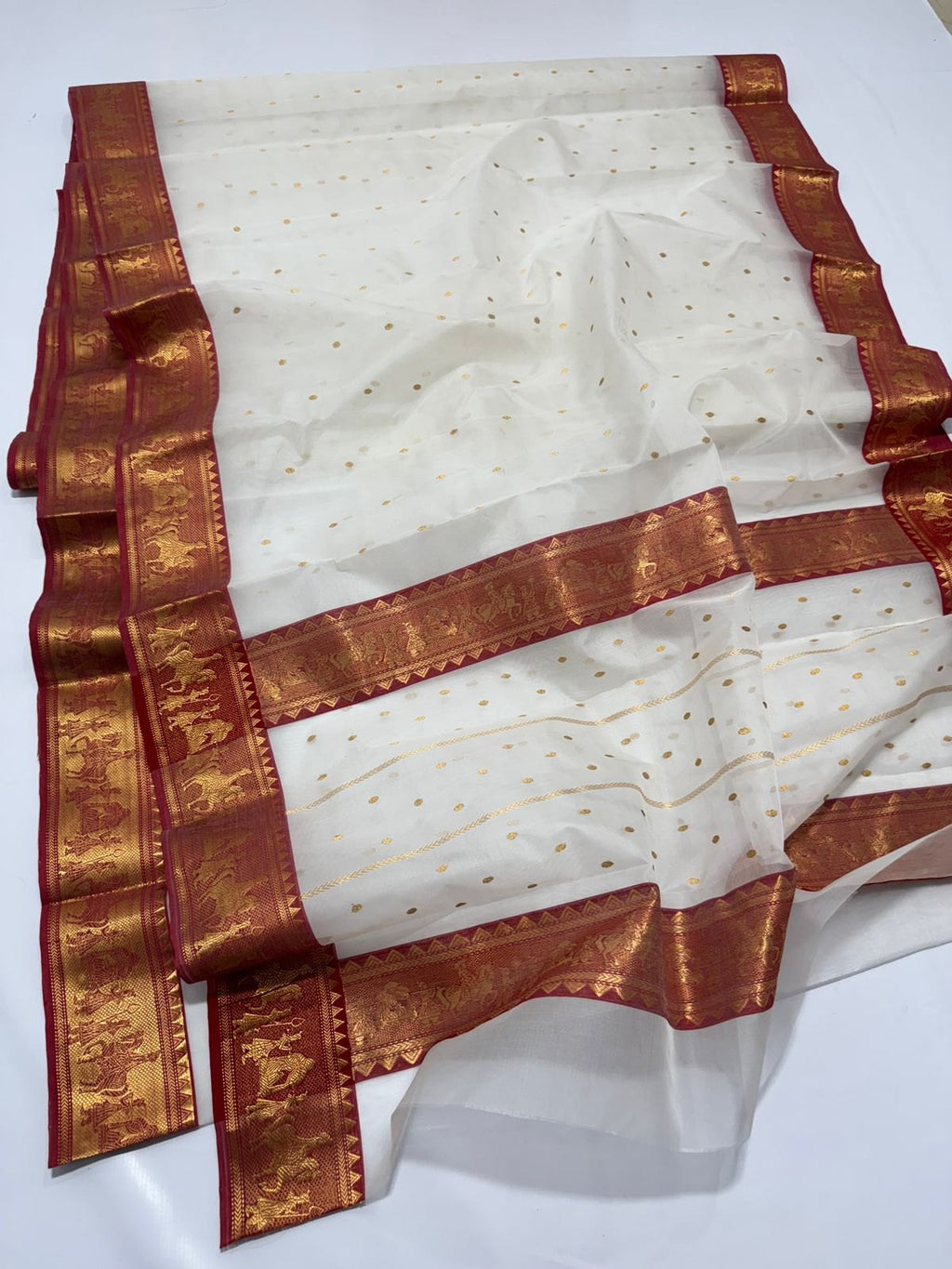 Pearl White Chanderi Handloom Katan Silk Nakshi Saree