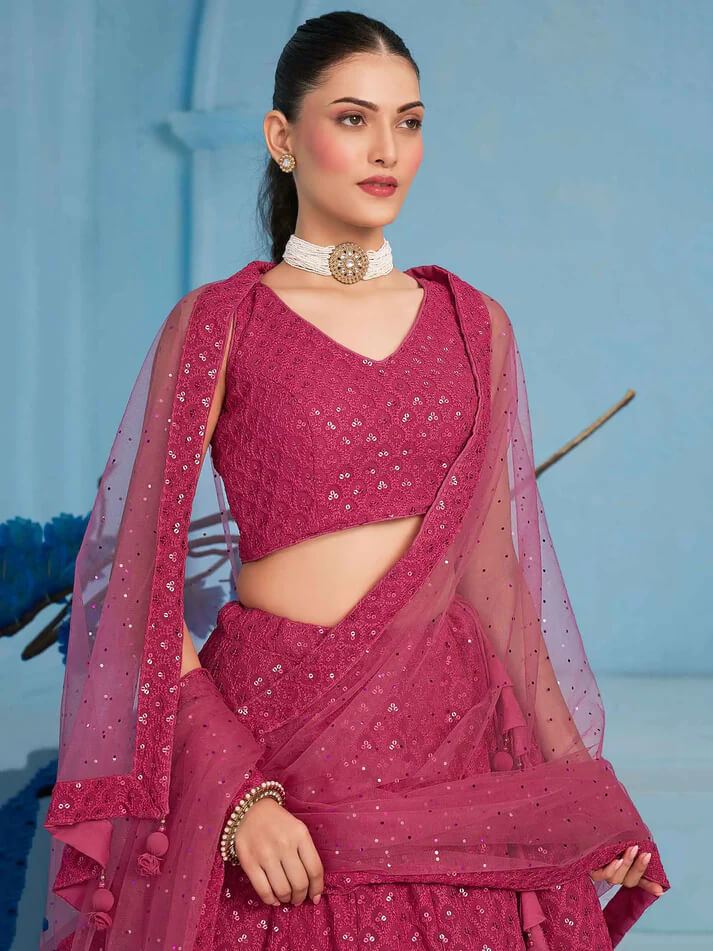 Rosy Pink Party Wear Lehenga with Sequins & Dupatta