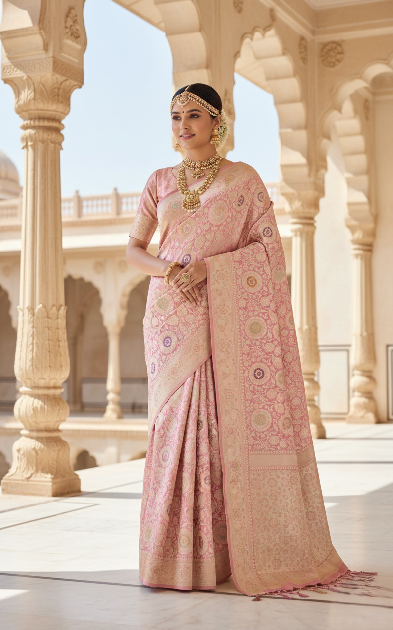 Pink Banarasi Håndvæv Katan Silk Meenakari Saree