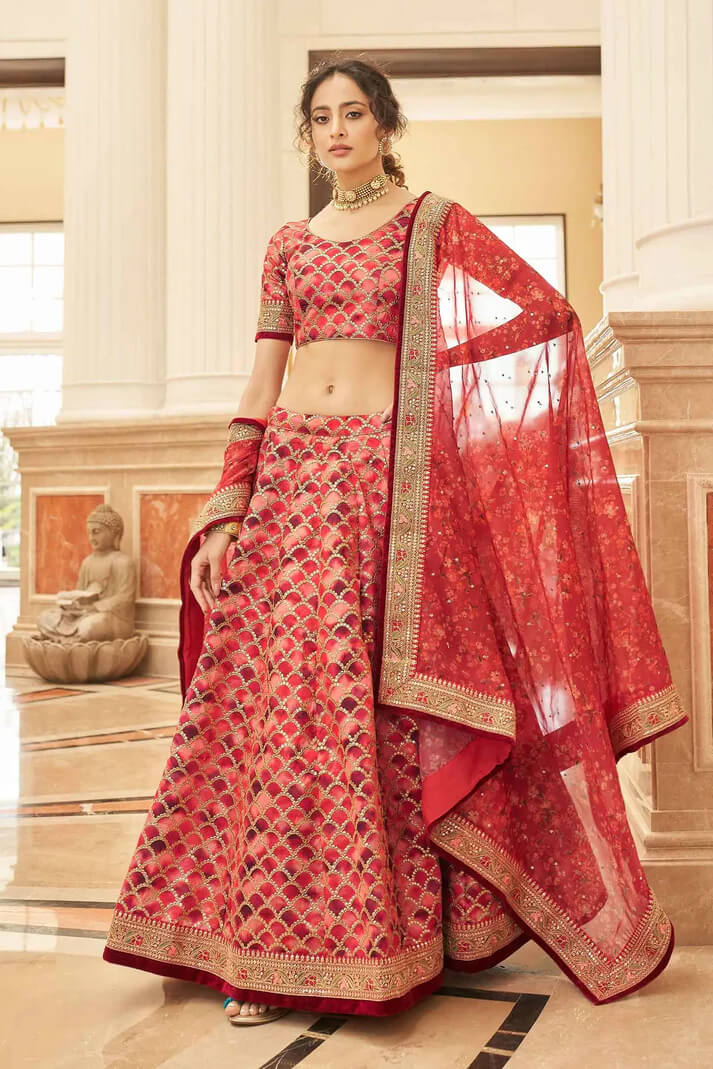 Red Brown Lehenga with Thread, Zari & Sequins Work