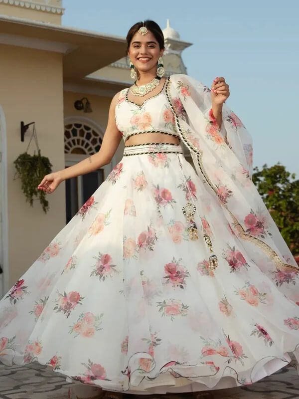 White Organza Lehenga with Floral Print & Embroidery