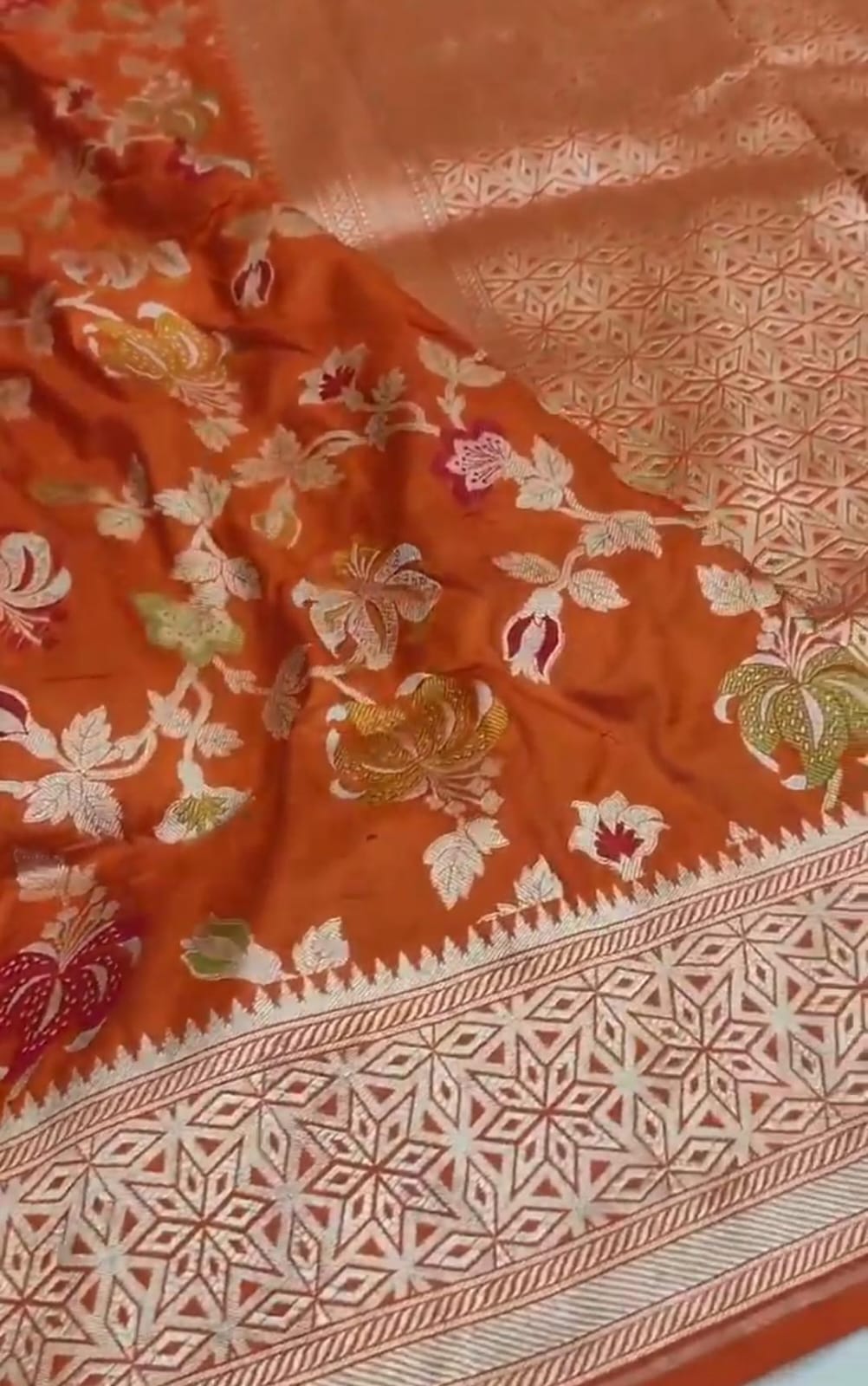Dual Tone Orange Banarasi Handloom Katan Silk Meenakari Saree
