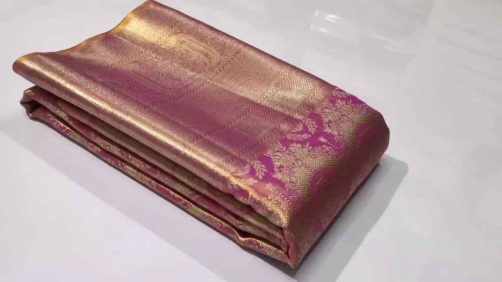 Hot Pink Kanchipuram Håndvævet Brokade Silkesari