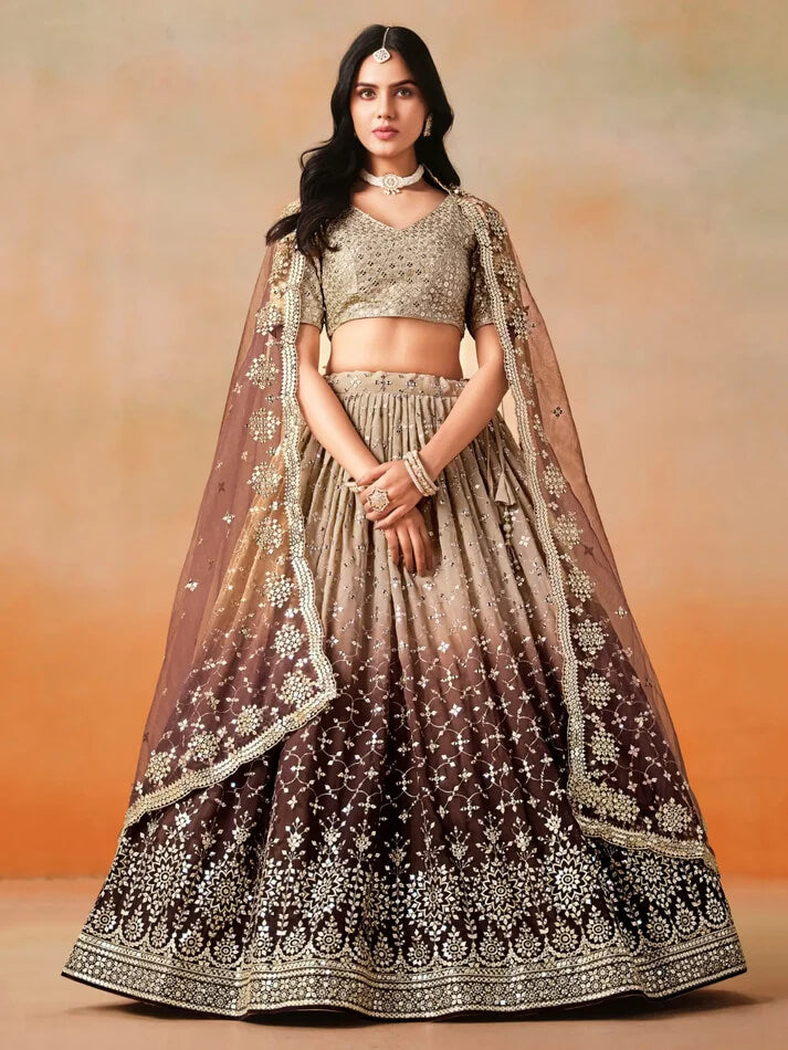 Beige-Brown Gradient Georgette Lehenga with Zari & Sequins