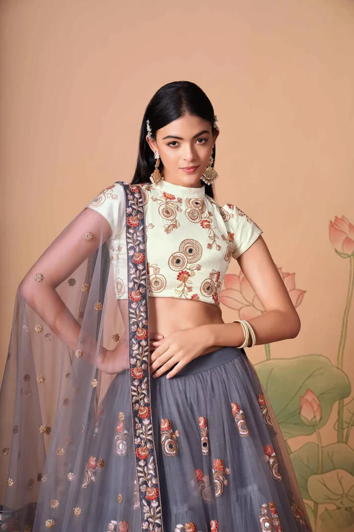Grey Net Lehenga with Zari, Sequins & Mirror Work
