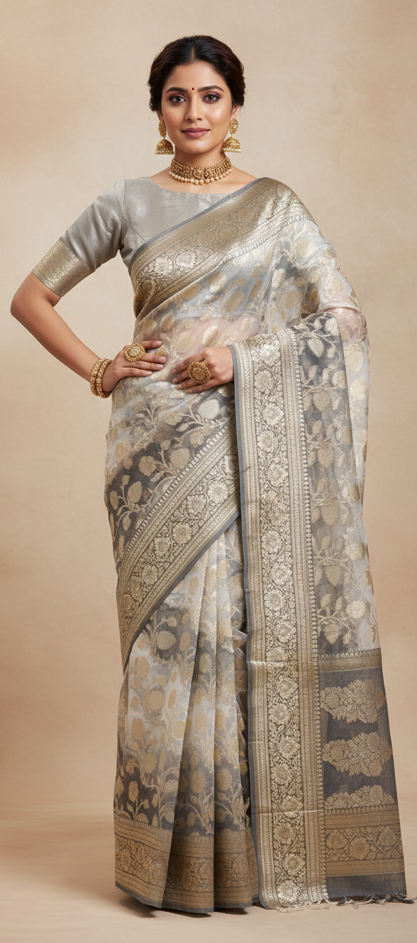 Grey Banarasi Handloom Rangkat Kora Tissue Silk Saree