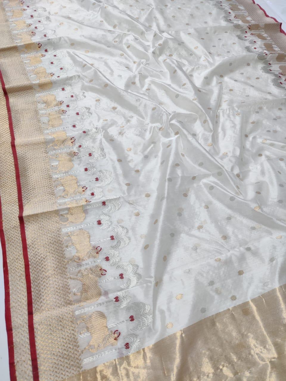 Pearl White Chanderi Handloom Pattu Silk Meenakari Saree