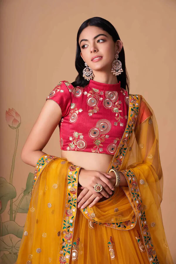 Yellow Net Lehenga with Zari, Sequins & Mirror Work