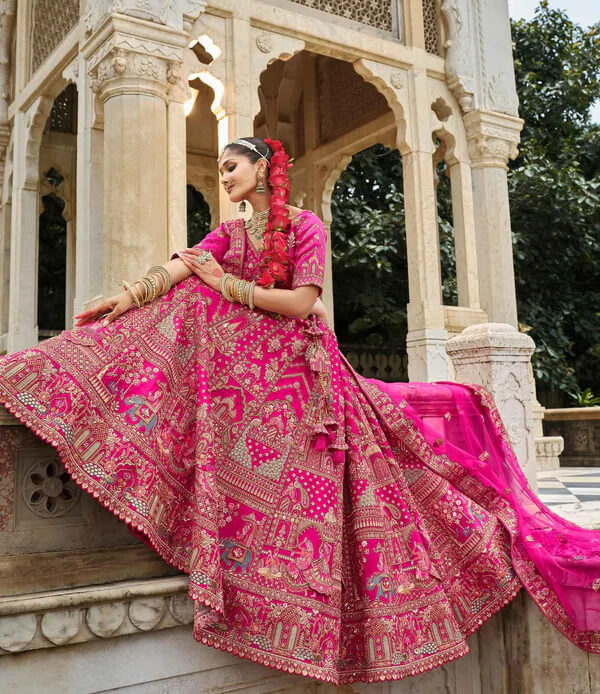 Modern Dark Pink Wedding Lehenga with Dual Dupattas