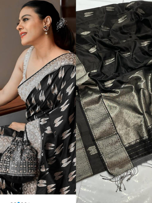 Black Chanderi Handloom Pattu Silk Saree