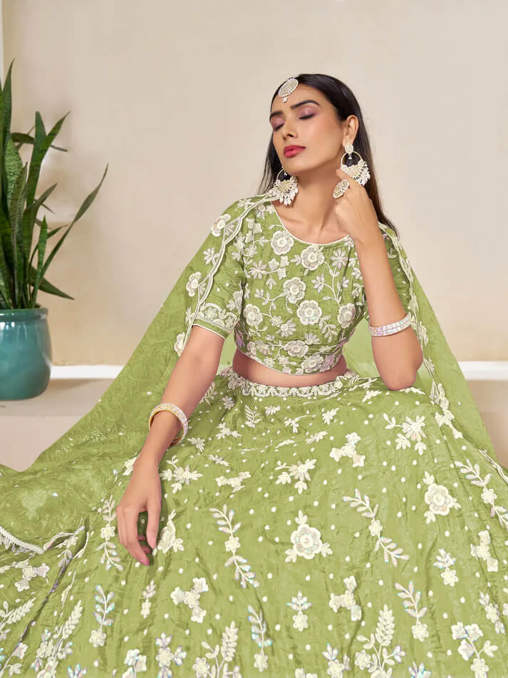 Tan Green Gold Embroidered Lehenga Choli