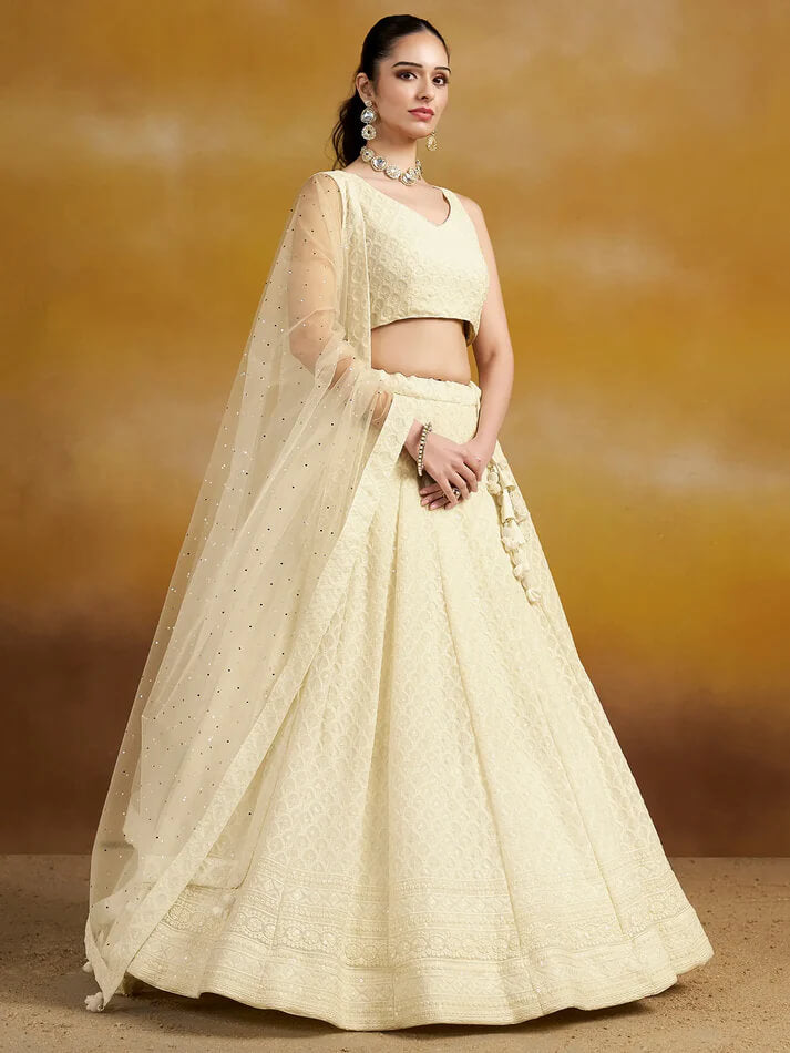 White Party Wear Lehenga with Sequins & Dupatta