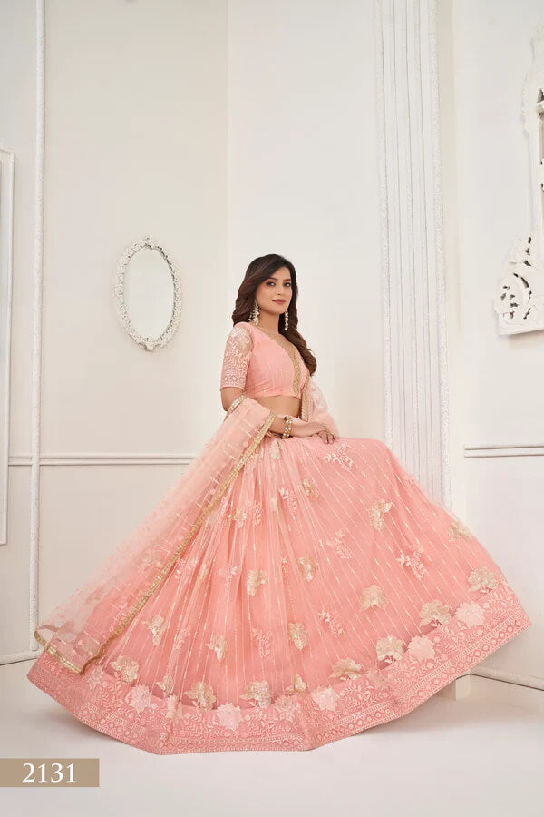 Elegant Peach Net Embroidered Lehenga Choli