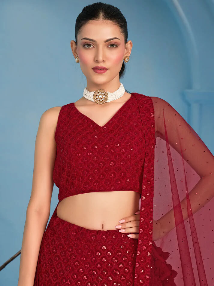 Red Party Wear Lehenga with Sequins & Dupatta