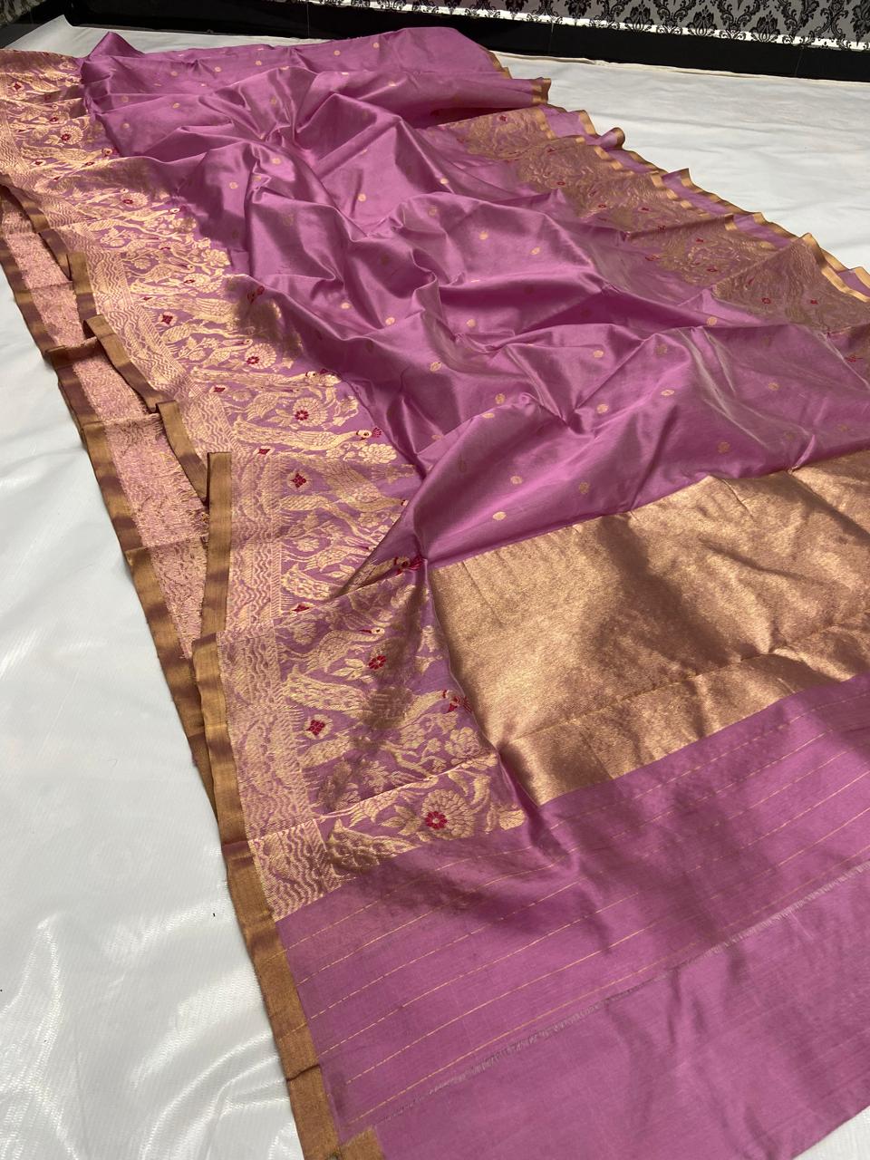 Onion Pink Chanderi Handloom Pattu Silk Meenakari Handwork Saree