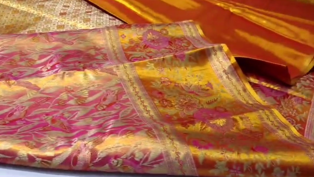 Hot Pink Kanchipuram Handloom Tissue Brocade Meenakari Silk Saree