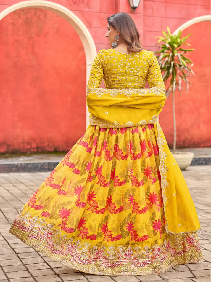 Yellow Taby Silk Lehenga with Floral Print & Embroidery