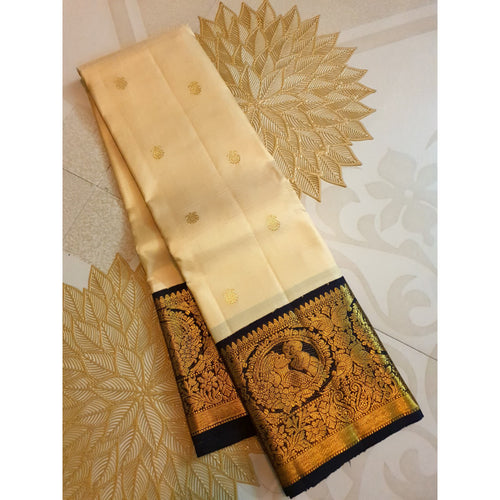 Cream Kanchipuram Handloom 2G Gold Baby Shower Korvai Silk Saree
