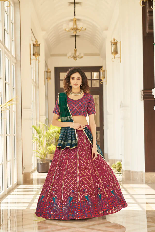 Festive Maroon Lehenga Choli with Matching Printed Dupatta
