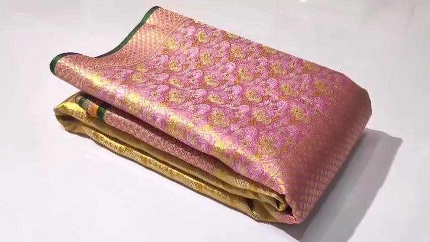 Guld Kanchipuram Håndvævet Brokade Meenakari Silkesari