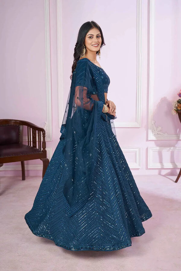Blue Georgette Lehenga with Sequins & Thread Embroidery