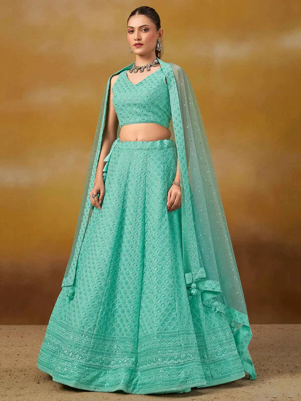 Sky Blue Designer Lehenga with Sequins & Dupatta