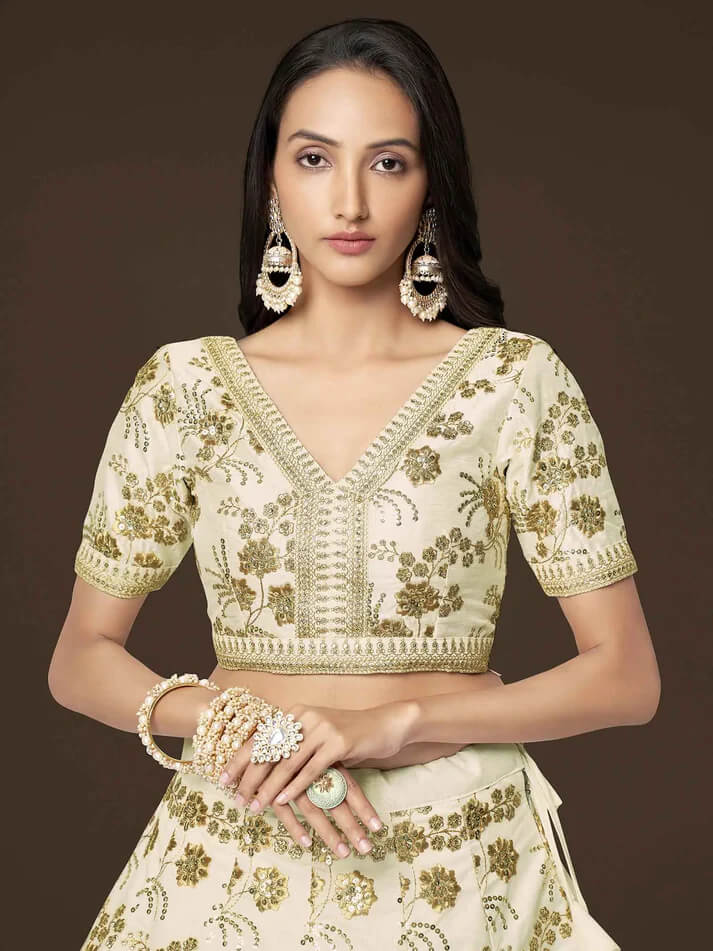 White Silk Lehenga with Zari, Sequins & Dori Work