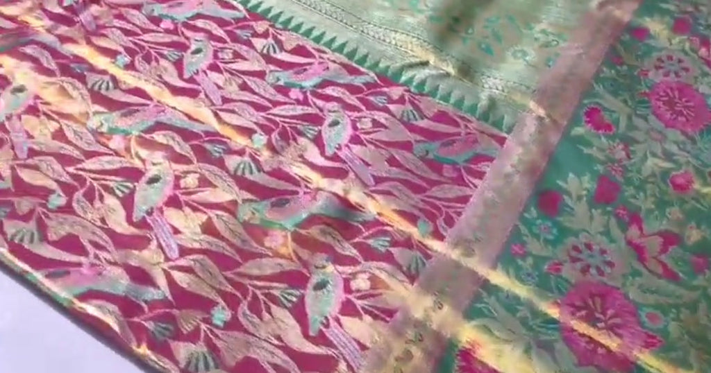 Hot Pink Kanchipuram Håndvævet Brokade Meenakari Silkesari