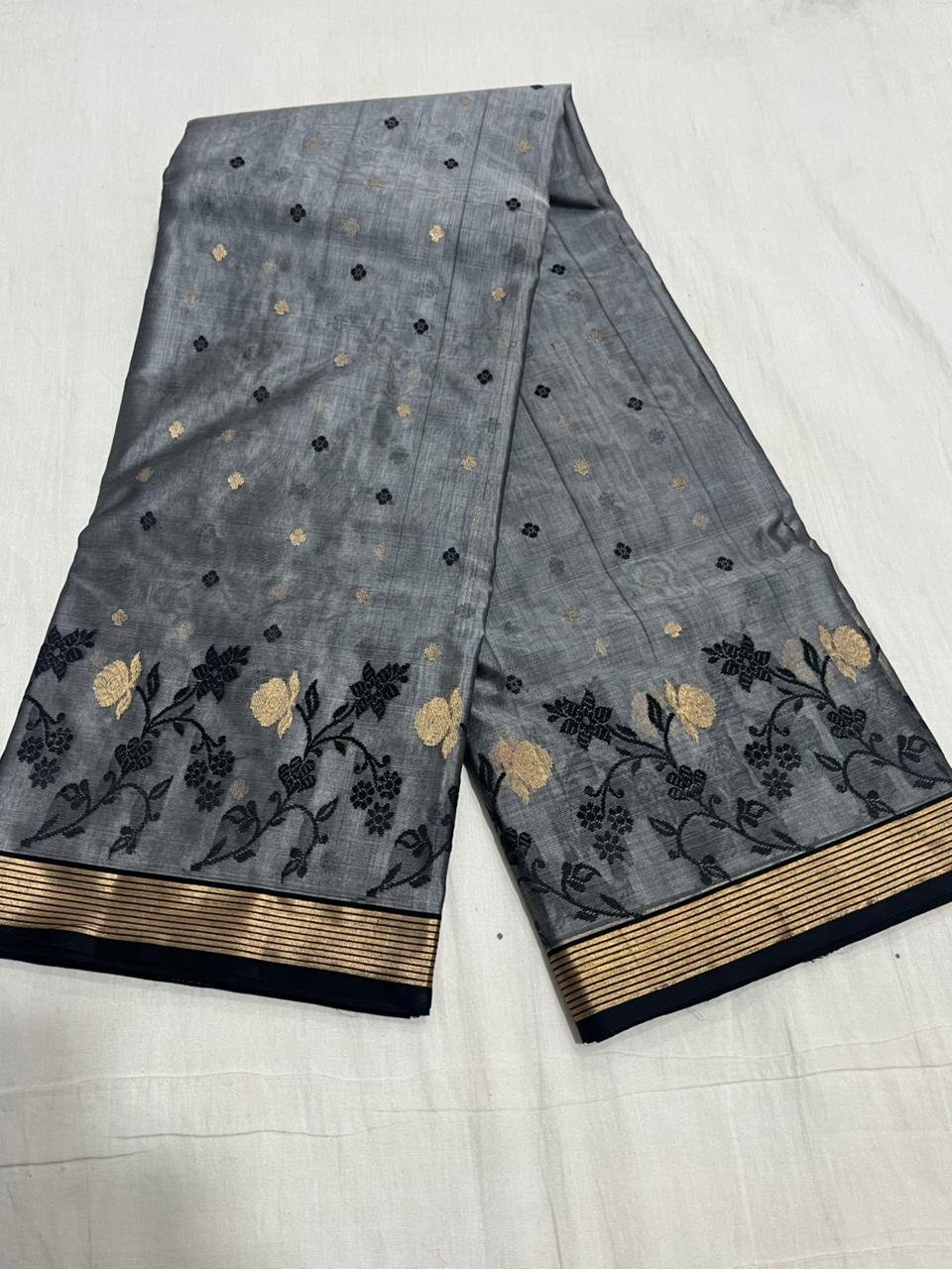 Dark Grey Chanderi Handloom Katan Silk Meenakari Saree