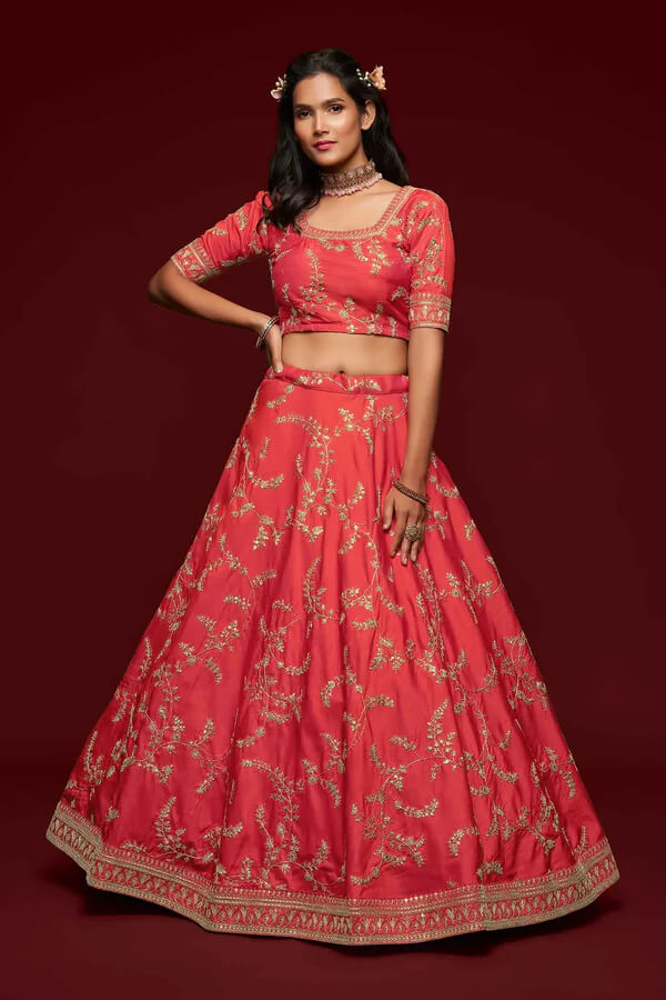 Bean Red Silk Lehenga with Thread, Zari & Sequins Work