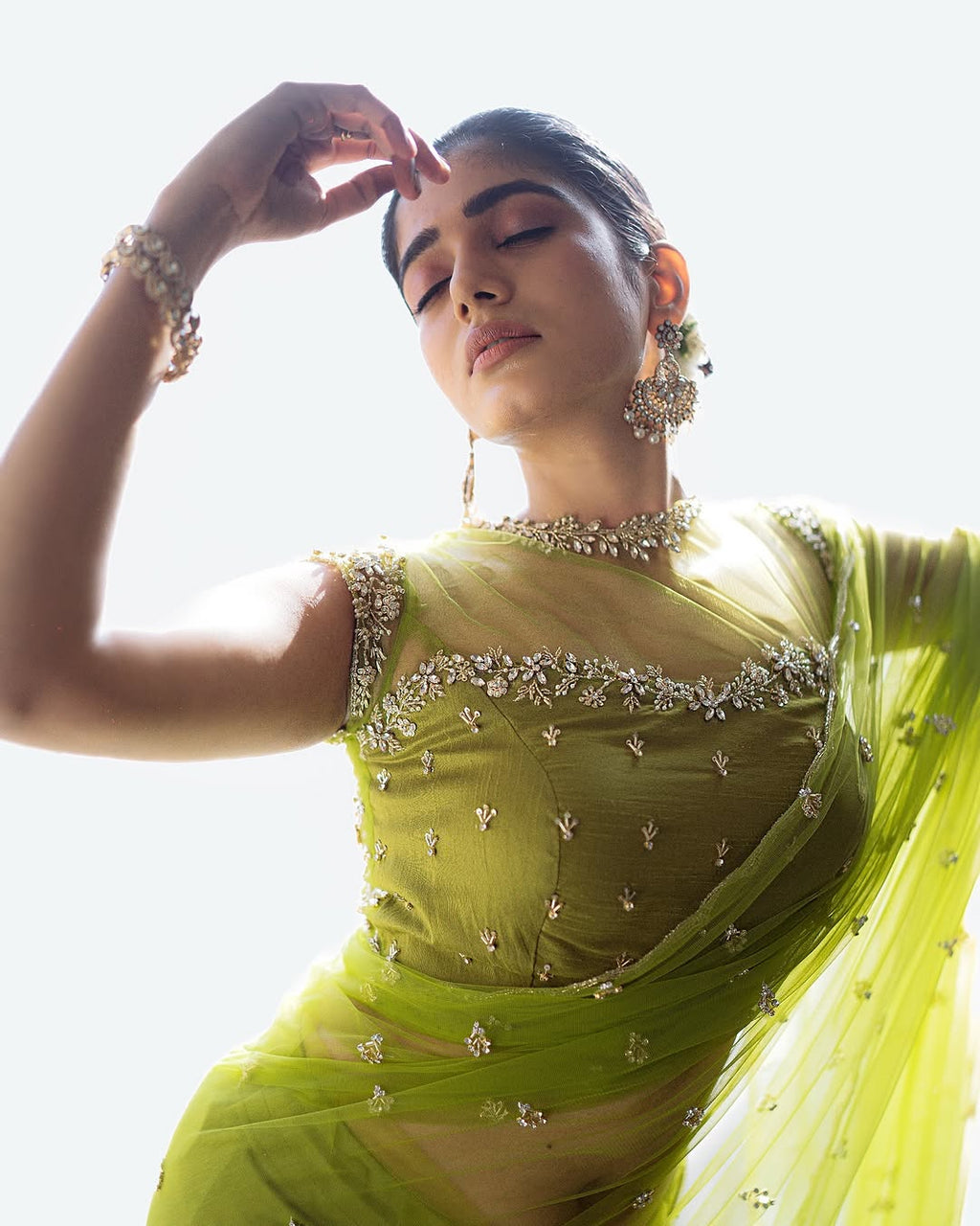 Lime Green Hand Embroidered Soft Net Saree