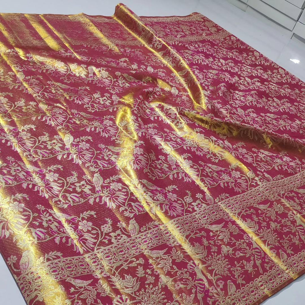 Hot Pink Kanchipuram Handloom Tissue Brocade Silk Saree