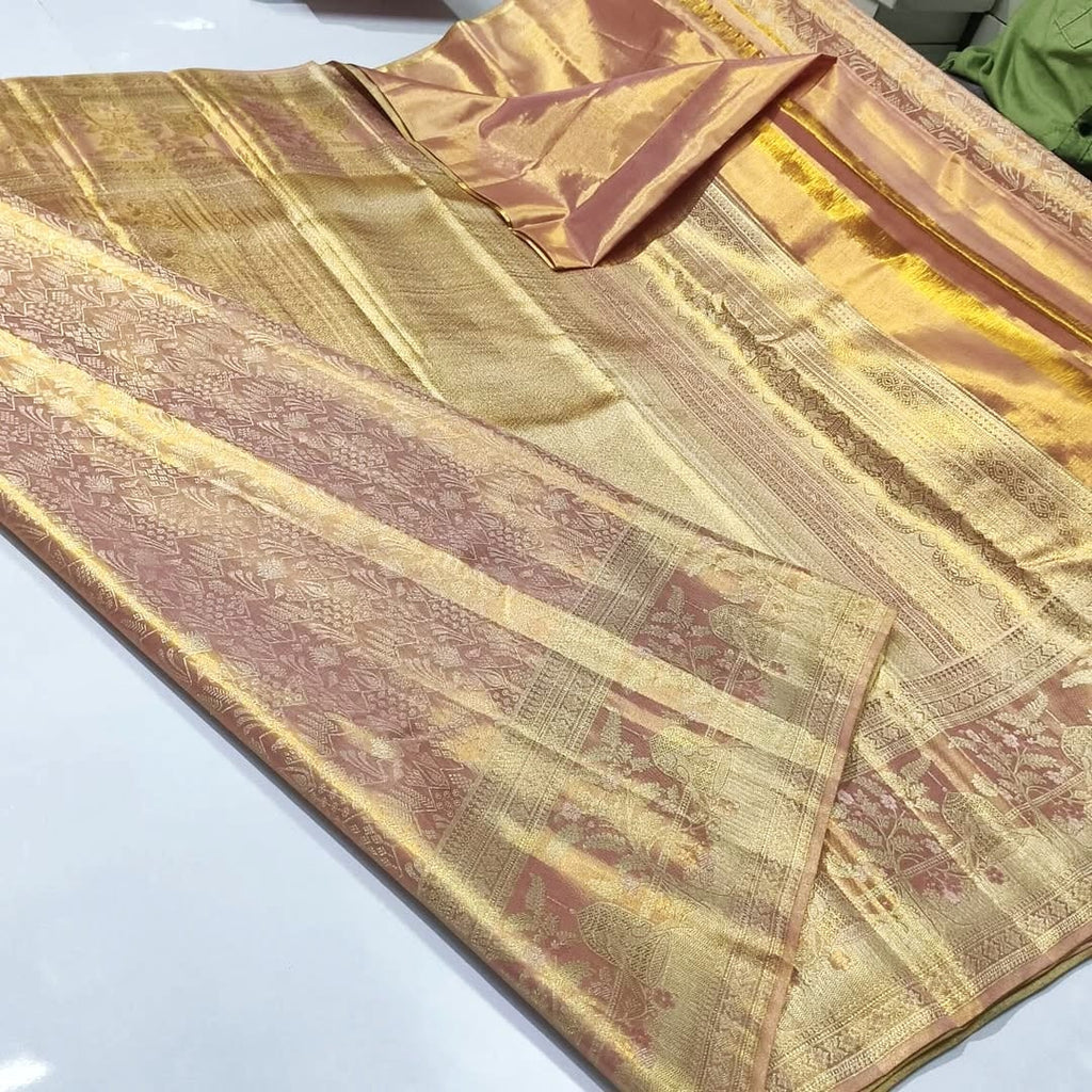 Pinkish Beige Kanchipuram Handloom Tissue Brocade Silk Saree