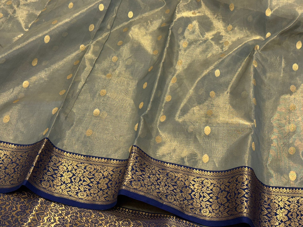 Dual Tone Grå Chanderi Håndvævet Katan Tissue Silke Saree