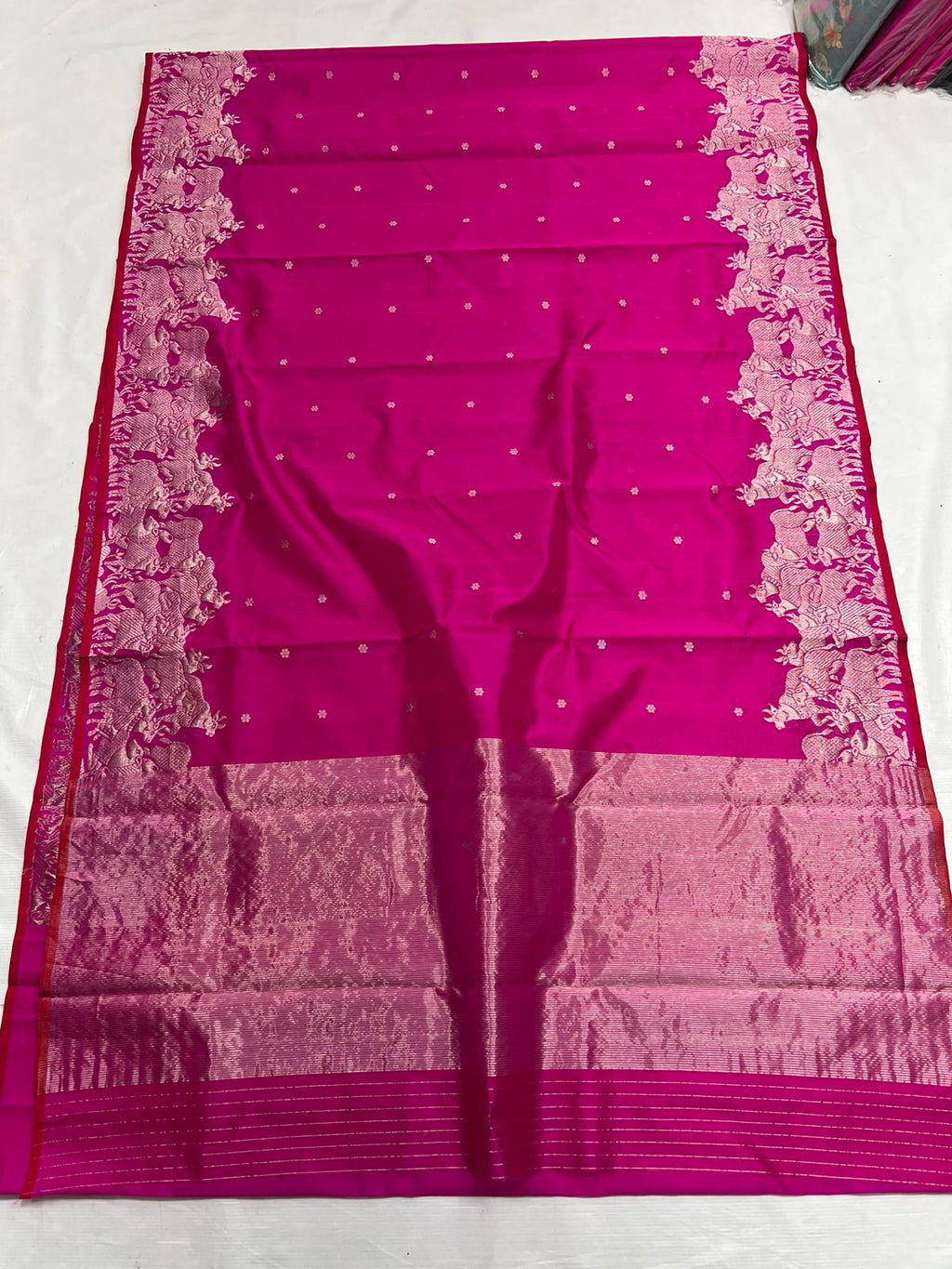 Hot Pink Chanderi Handloom Pattu Silk Handwork Saree