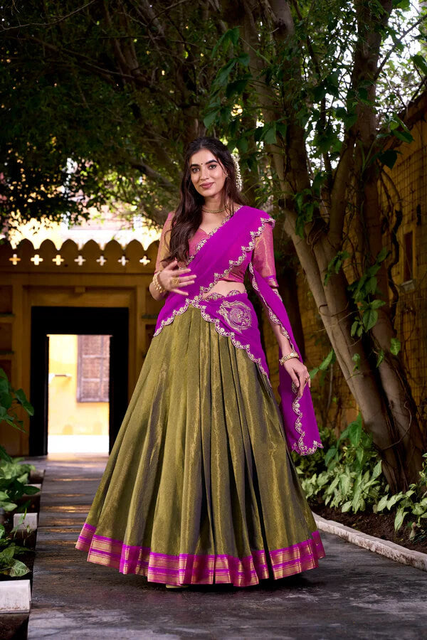 Designer Dark Olive Kanchipuram Lehenga for Weddings