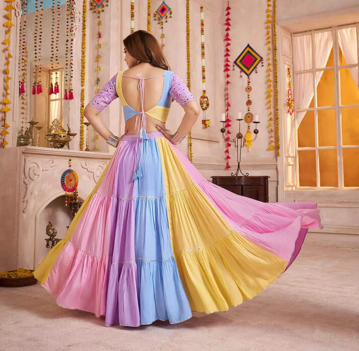 Navratri Light Multi Color Lehenga with Patch & Mirror