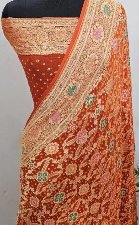 Red Banarasi Handloom Gold Zari Bandhani Georgette Silk Saree