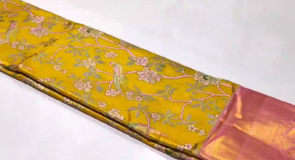 Mustard Kanchipuram Handloom 4D Tissue Brocade Silk Saree
