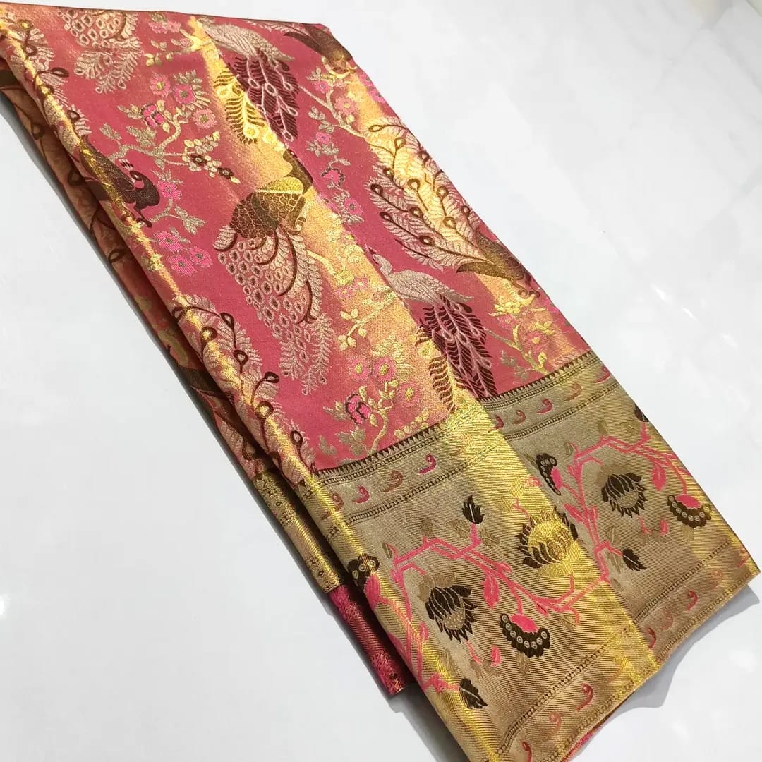Peach Kanchipuram Handloom Tissue Brocade Paithani Silk Saree