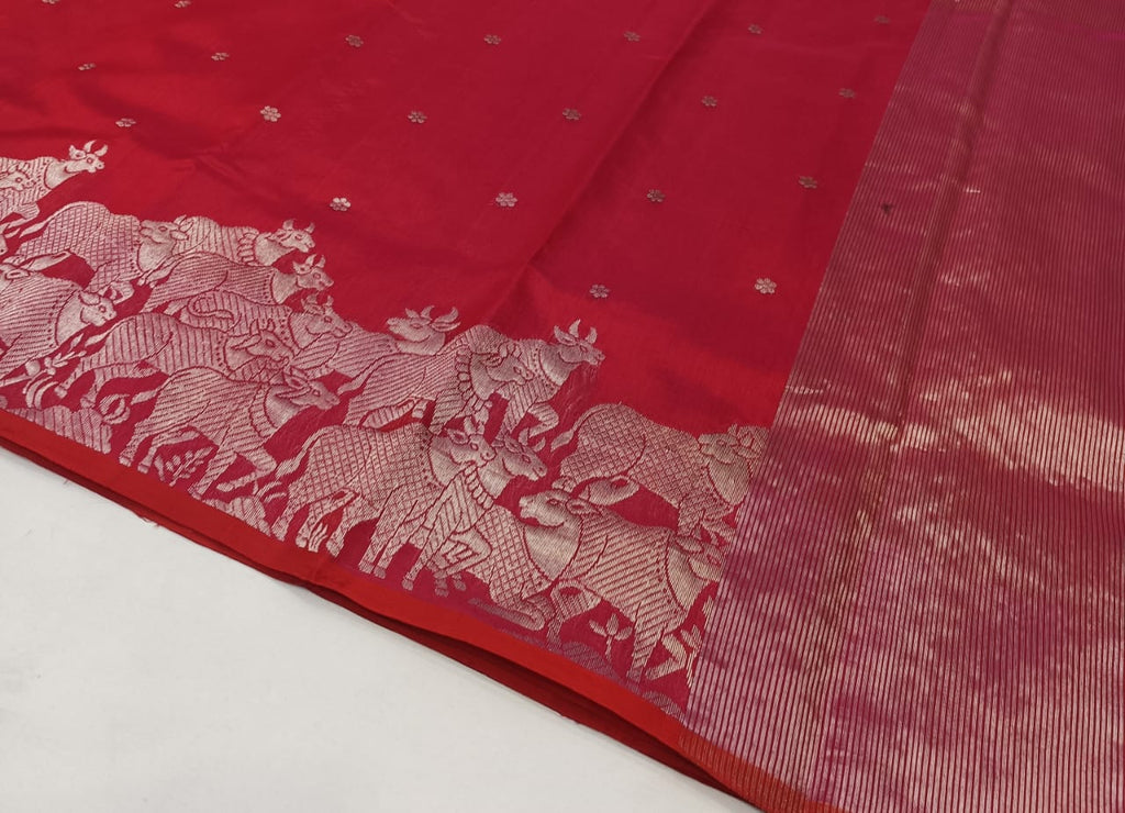 Red Chanderi Handloom Pattu Silk Handwork Saree
