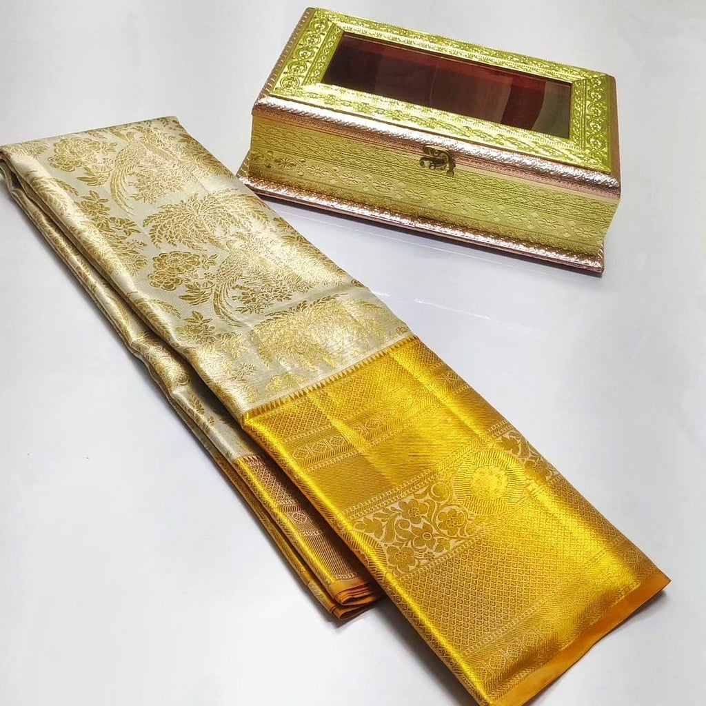 Ivory & Gold Kanchipuram Handloom Tissue Brocade Bridal Silk Saree