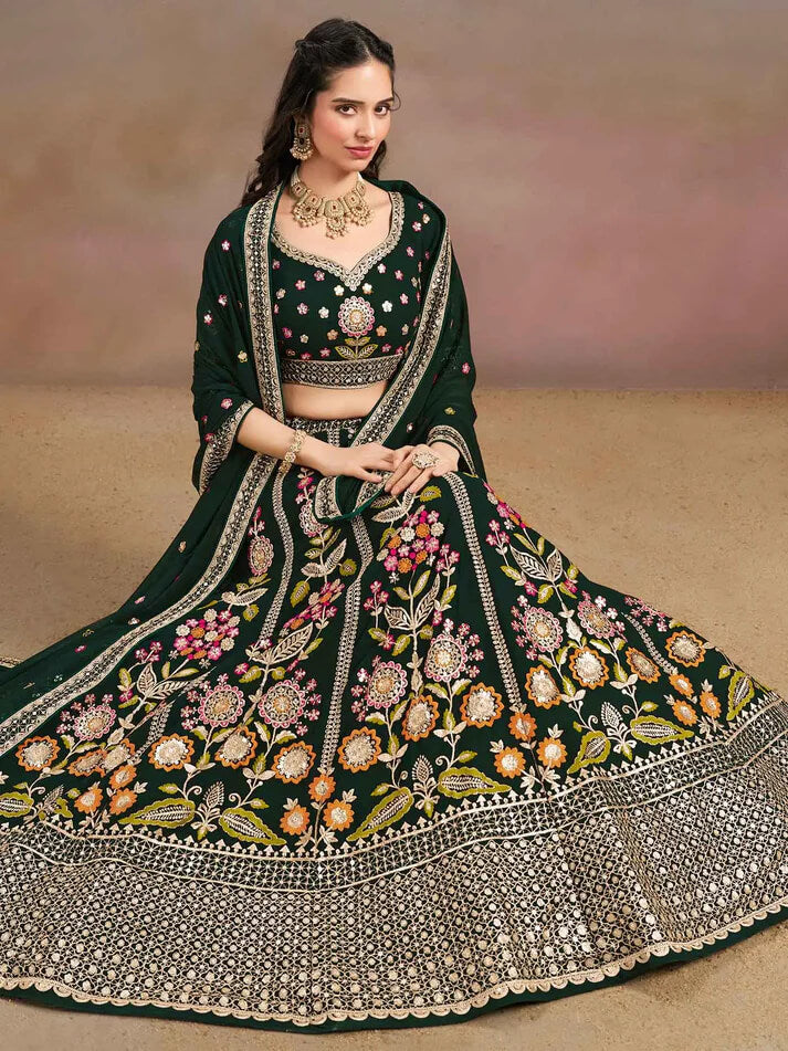 Dark Green Georgette Lehenga with Zari & Sequins Work